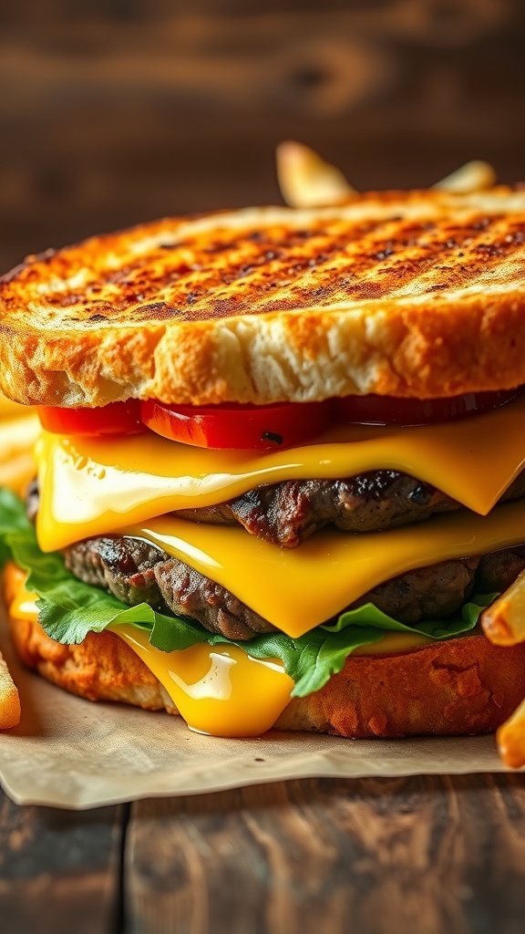 A grilled cheese burger sandwich with a juicy beef patty and melted cheese, served with fries on a wooden table.